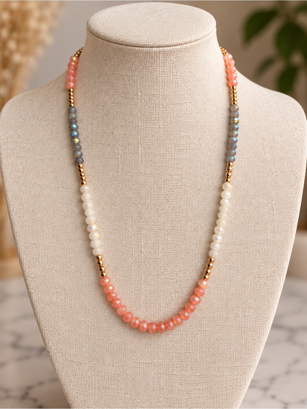 Gold-Accent Pink, White & Gray Beaded Necklace